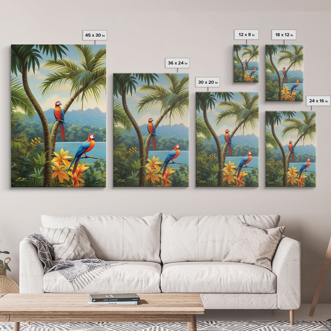 Palm Tree Art, Tropical Wall Art, Macaw, Landscape Art Print, Canvas Print, Wall Art, 3 Piece Wall Art, Retirement Gifts, Apartment Wall Art