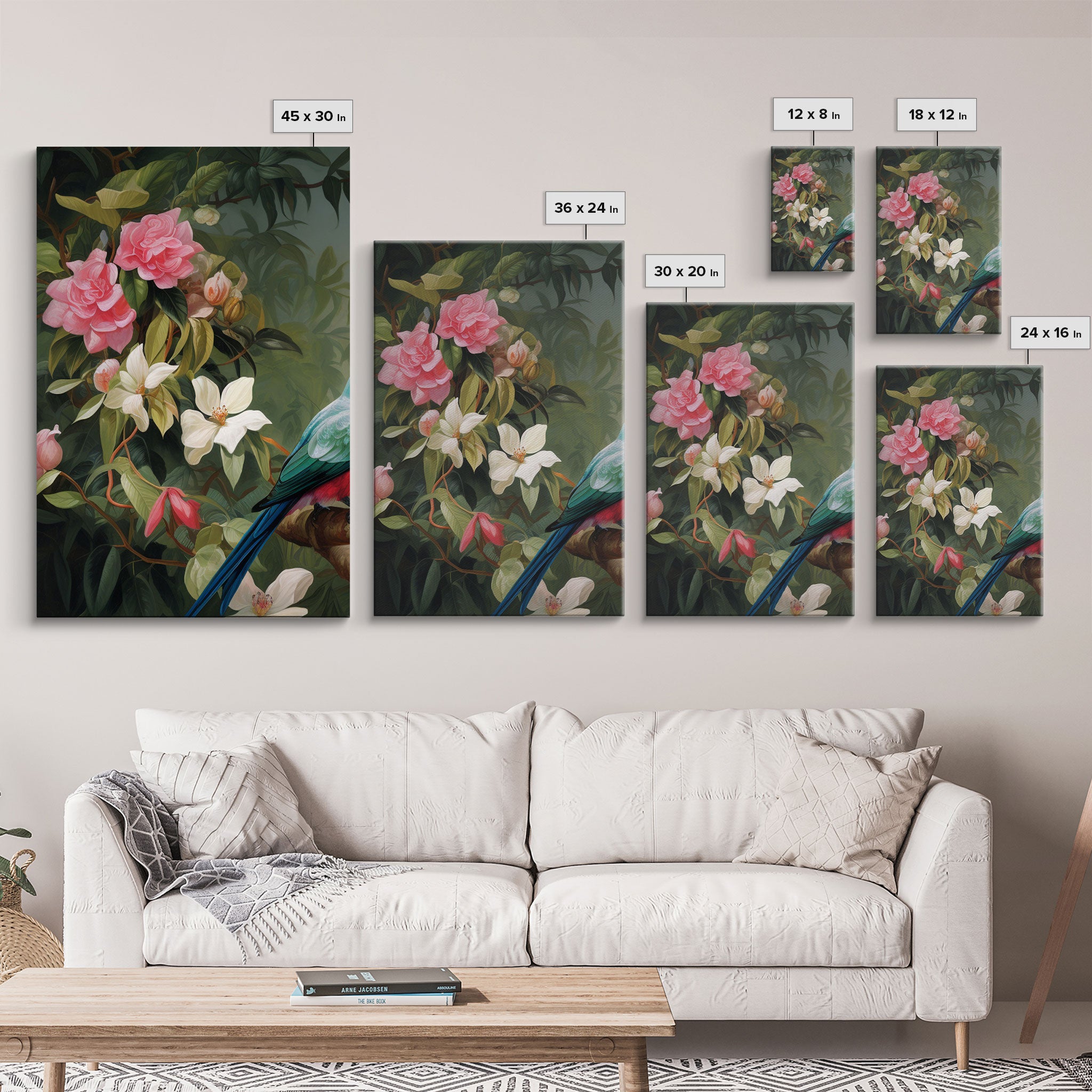 Flowers Wall Print, Tropical Wall Art, Macaw, Jungle Art Print, Canvas Print, Wall Art, 3 Piece Wall Art, Modern Office Art, Wedding Gift