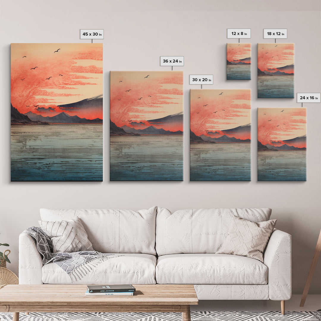 Japanese Ukiyo-e Mountains Sunset Set of 3 Prints, Japanese Ink Block, Ukiyo-e Wall Art, Living Room Art, Above Bed Decor, 3 Panel Print Set