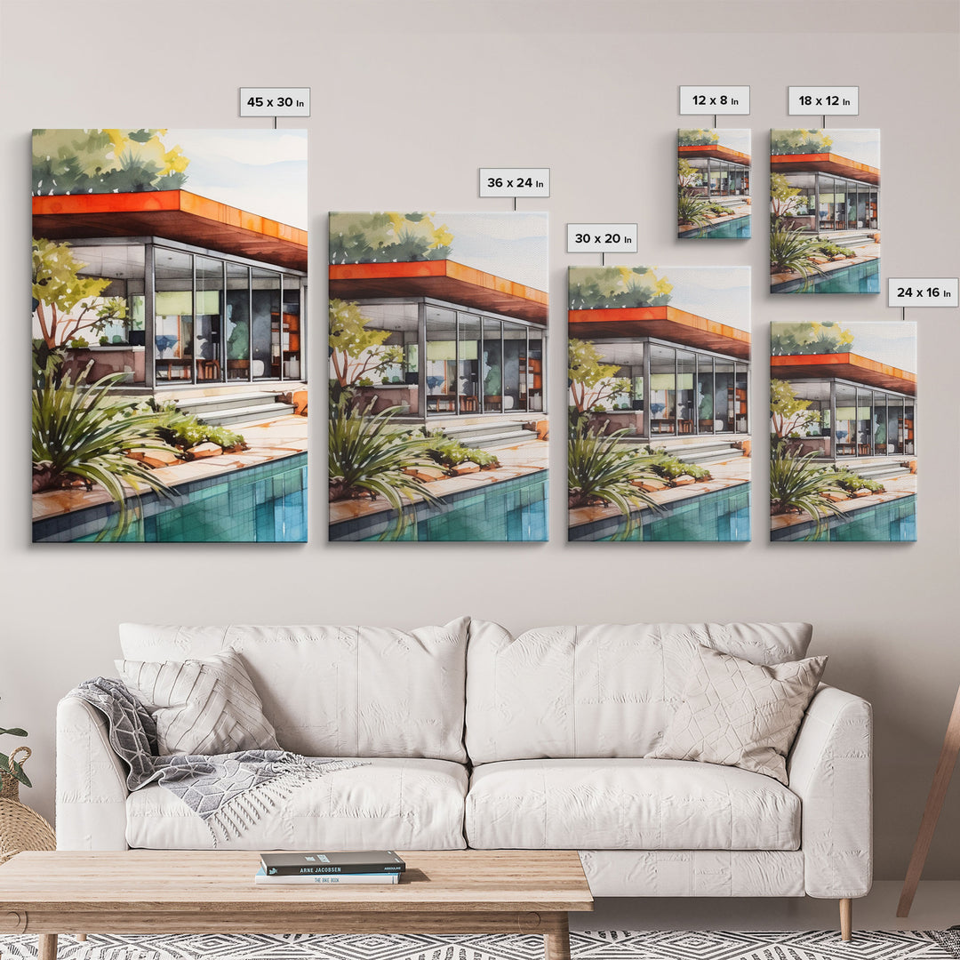 Mid-century House Art, Architecture Print, Canvas Print, Wall Art, 3 Piece Wall Art, Real Estate Gift, Unique Wall Decor, Office Wall Art