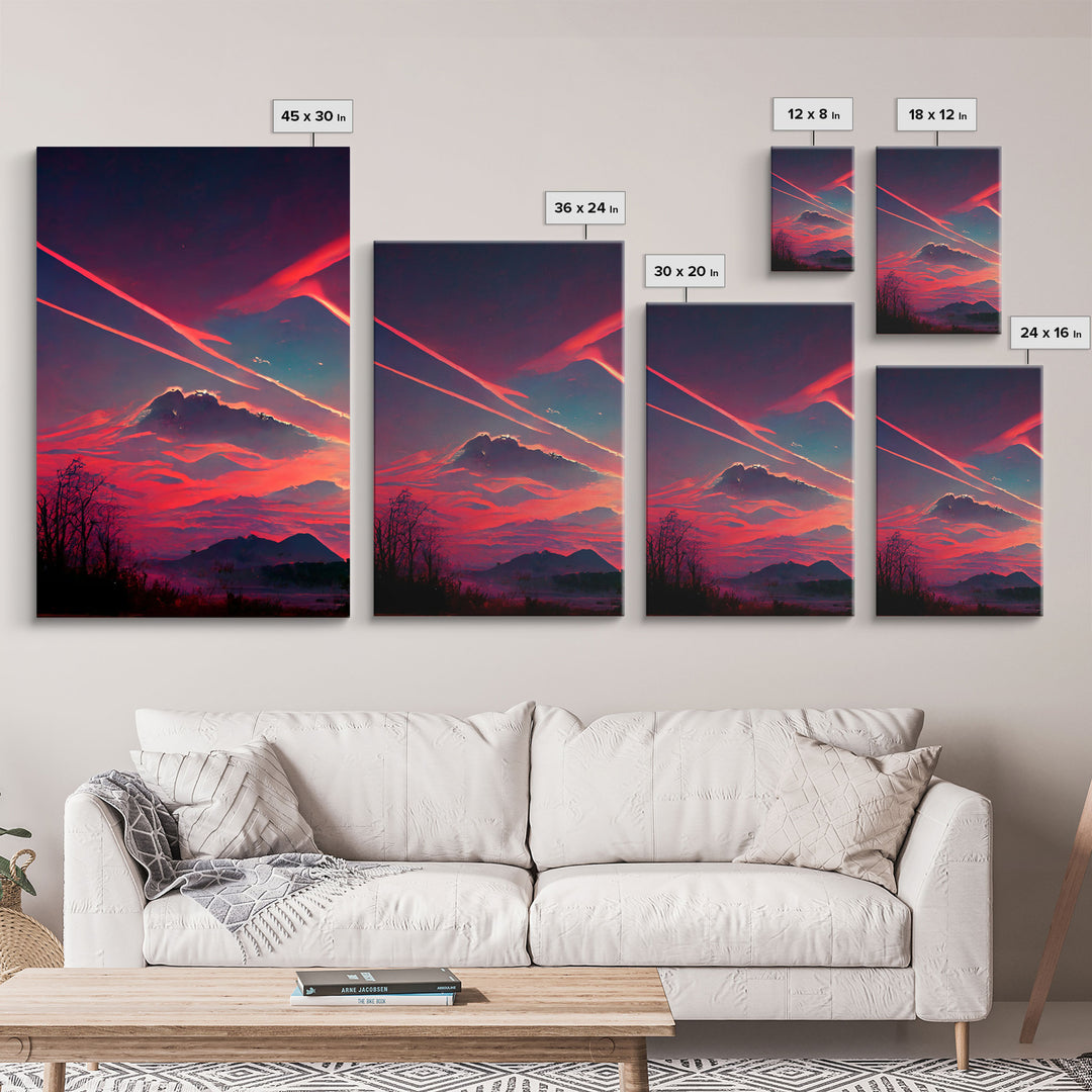 Outrun Style Sunset Over The Mountains, 3 Piece Wall Art, Ready To Hang Canvas Print, Cool Unique Living Room Wall Art Decor