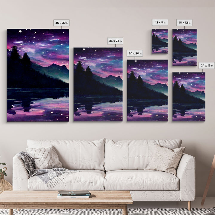 Fantasy Starry Night Magical Forest Landscape, 3 Piece Wall Art, Ready To Hang Canvas Print, Cool Unique Living Room Wall Art Decor