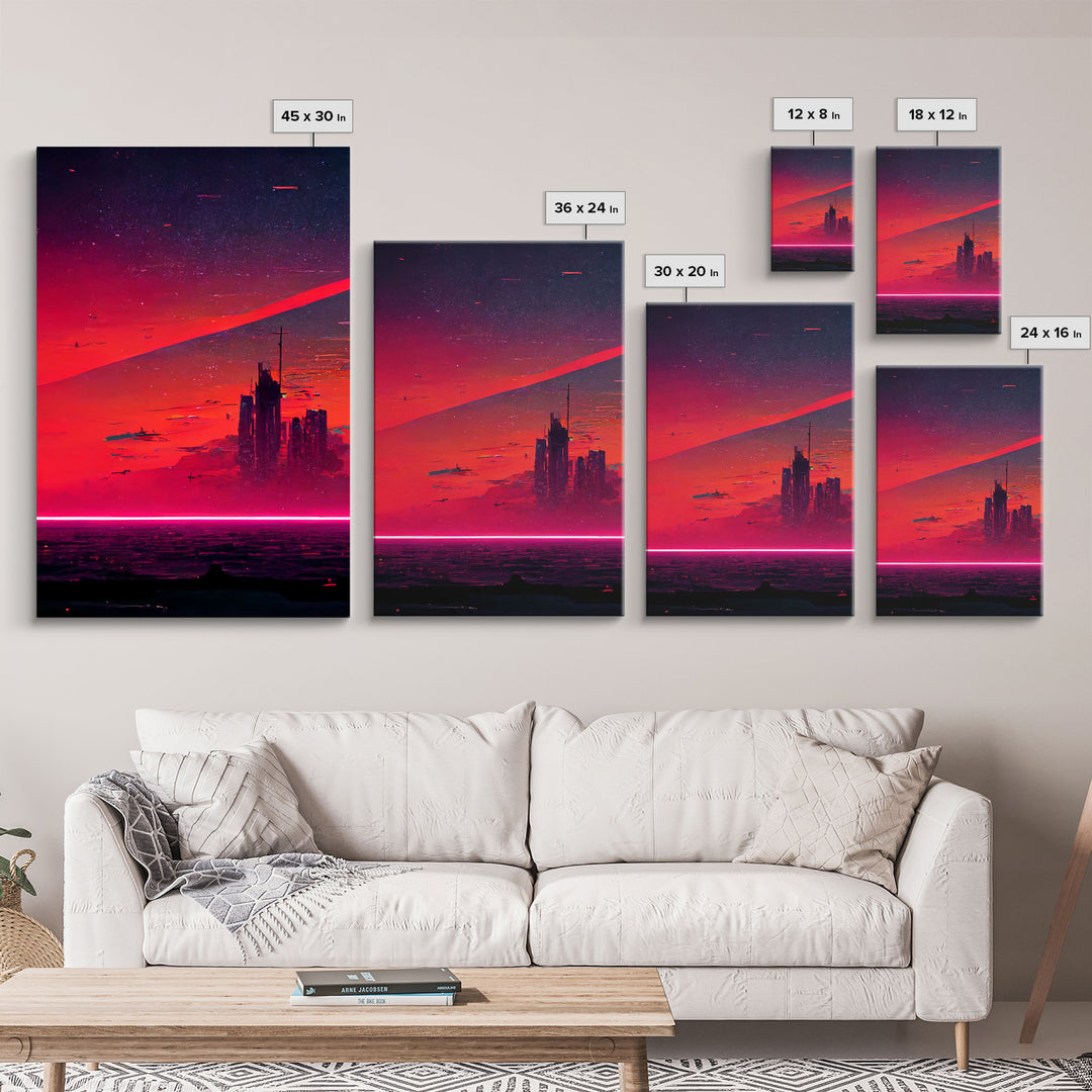 Cyber punk City At Sunset, Outrun, 3 Piece Wall Art, Ready To Hang Canvas Print, Cool Unique Mancave wall Art Decor