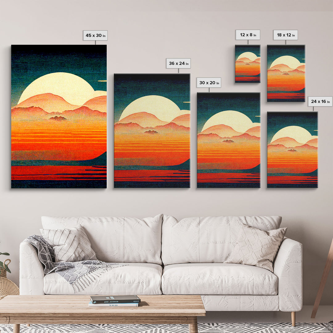 Retro Japanese Style Sunset Art, A Storm Torrent, 3 Piece Wall Art, Ready To Hang Canvas Print