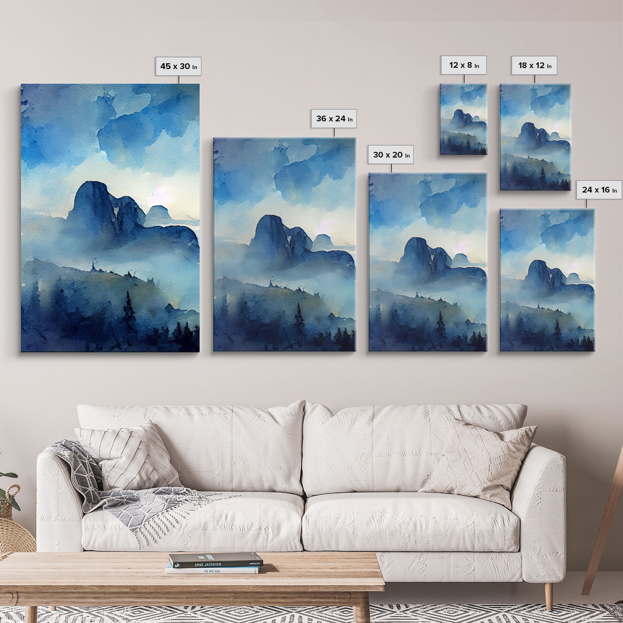 Sapphire Blue Watercolor Landscape, 3 Piece Wall Art, Ready To Hang Canvas Print, Beautiful Living Room Wall Art Decor