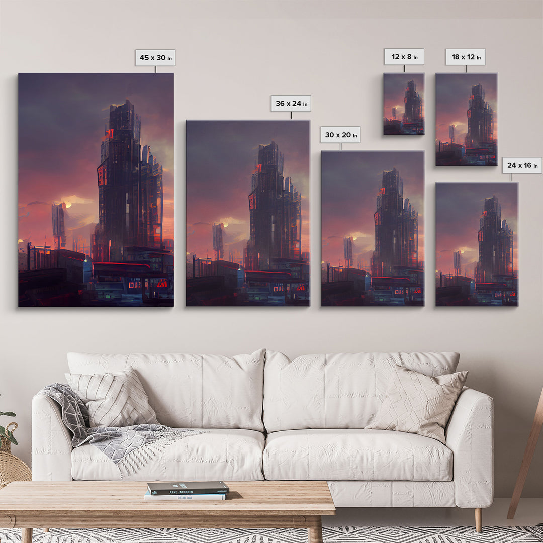 Cyberpunk City, Night City Watercolor, Videogame Concept Art, Watercolor Of a Cyberpunk City 3 Piece Wall Art, Ready To Hang Canvas Print