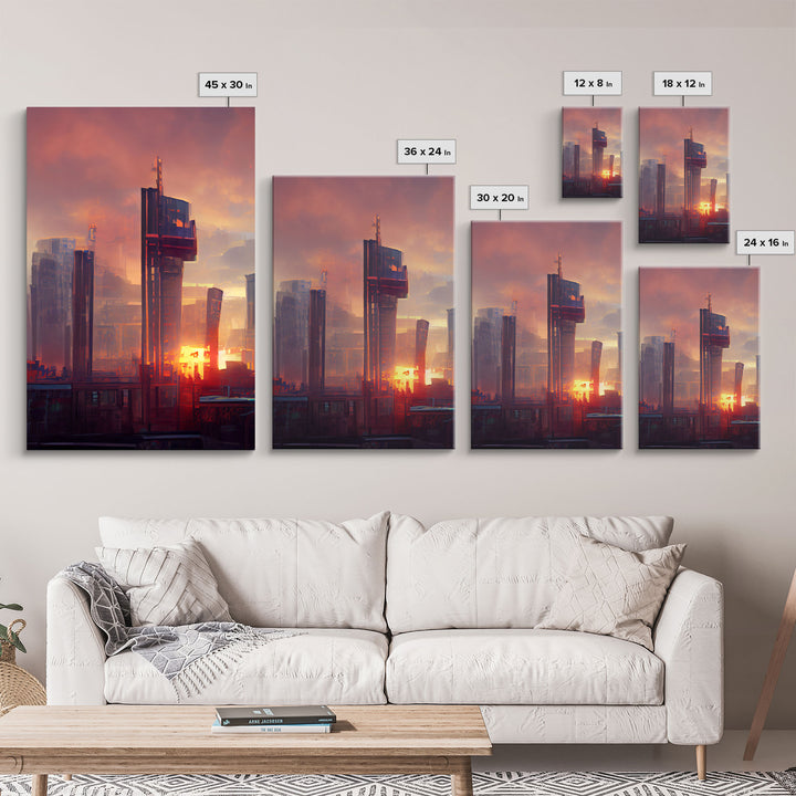 Cyberpunk City, Night City Watercolor, Videogame Concept Art, Watercolor Of a Cyberpunk City 3 Piece Wall Art, Ready To Hang Canvas Print