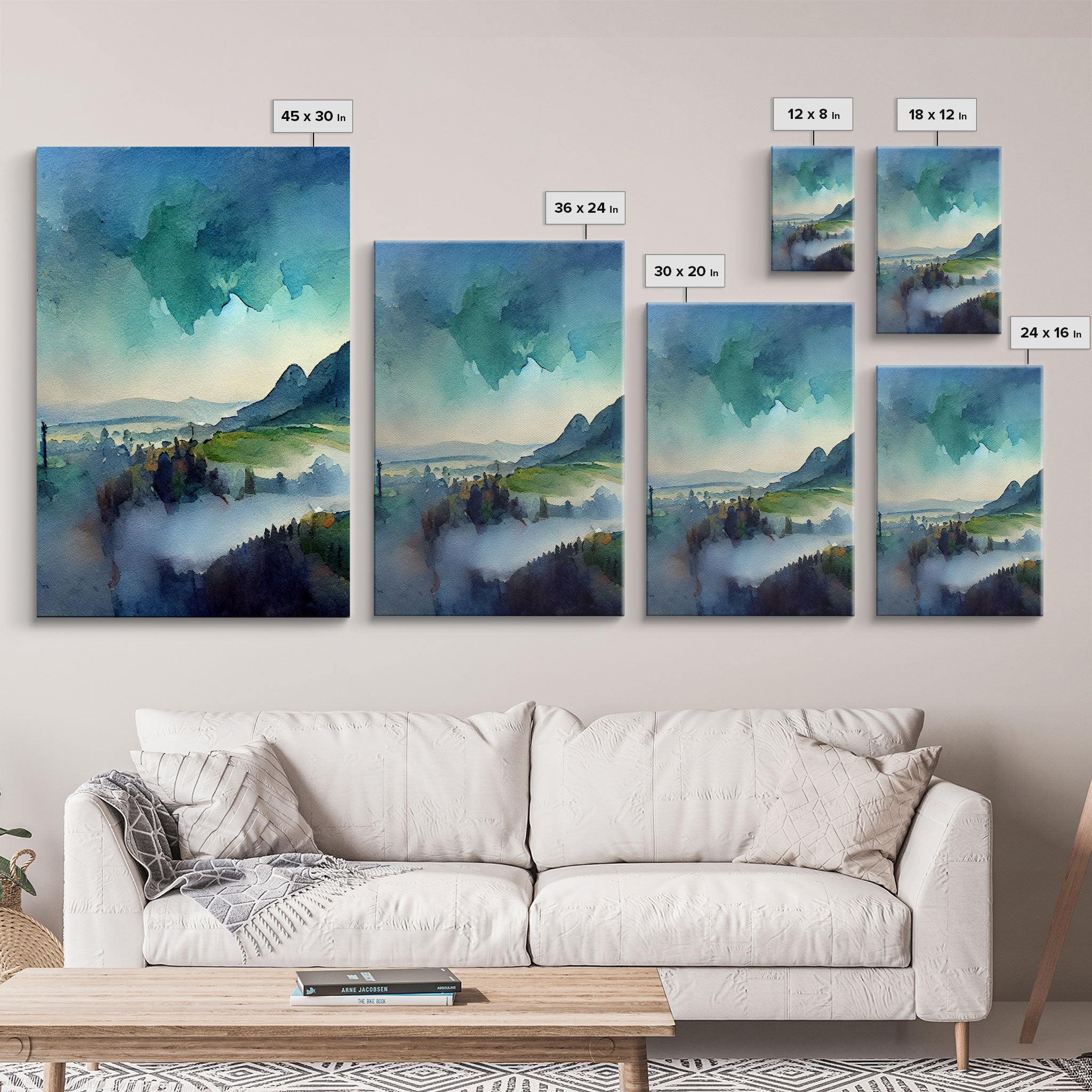 Emerald Green Landscape Watercolor, Panoramic Art, Cool Wall Decor, 3 Piece Wall Art, Ready To Hang Canvas Print