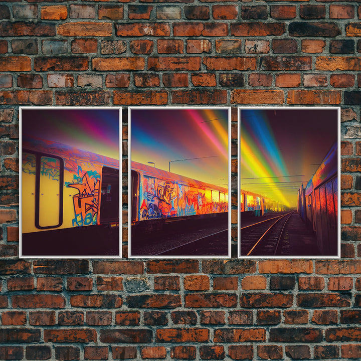 Urban graffiti, graffiti covered train cars, urban art, 3 piece canvas, 3 piece wall art, synthwave dystopian art