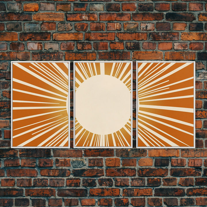 Sun Print Set Of 3, Framed Canvas Prints, Boho Minimalist Midcentury Modern Wall Art, Geometric Sun Print, Nursery Boho Style Decor Triptych