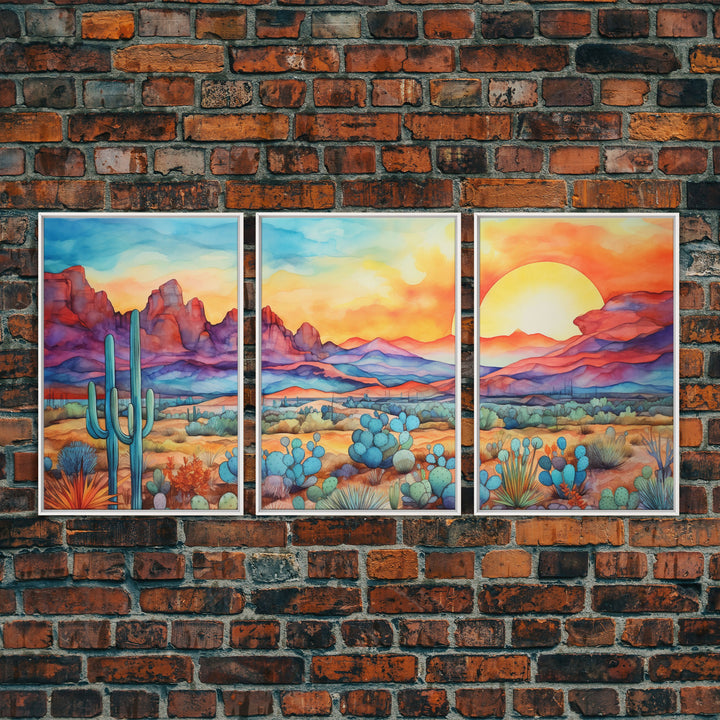 Southwestern Room Decor, Retro Desert Art, Set Of 3, Framed Canvas Prints, Wall Decor, Nursery Decor, Living Room Decor, Home Decor