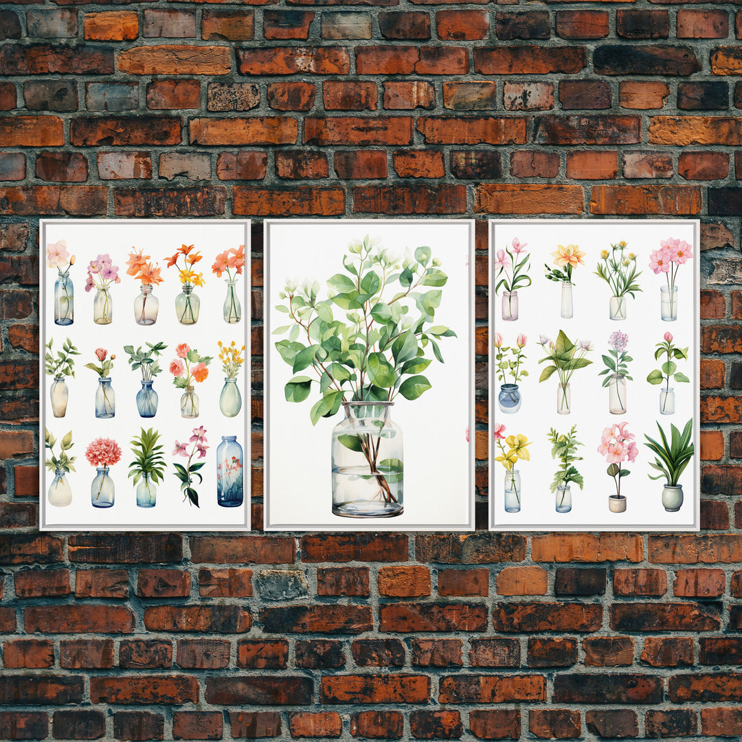 3 Piece Set, Cute Kawaii Floral Print, Flowers In Vases, Framed Wall Art, Canvas Print, Botanical Wall Decor, Dried Flower Large Art