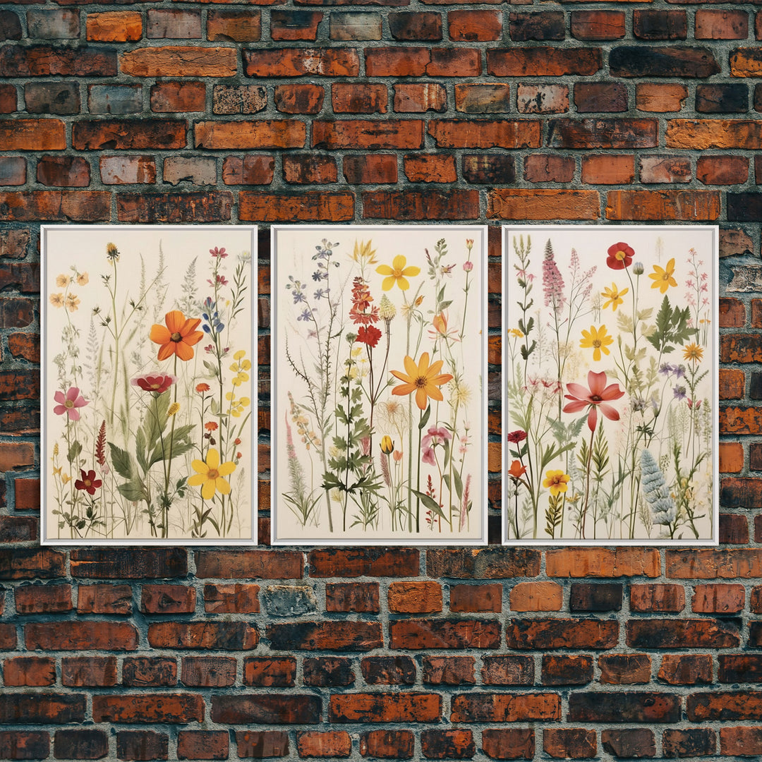 Framed Canvas Wall Art Set, 3 Piece Art, Watercolor Wildflowers Floral / Botanical Print, Minimalist Wall Art, Boho Decor, Colorful Art