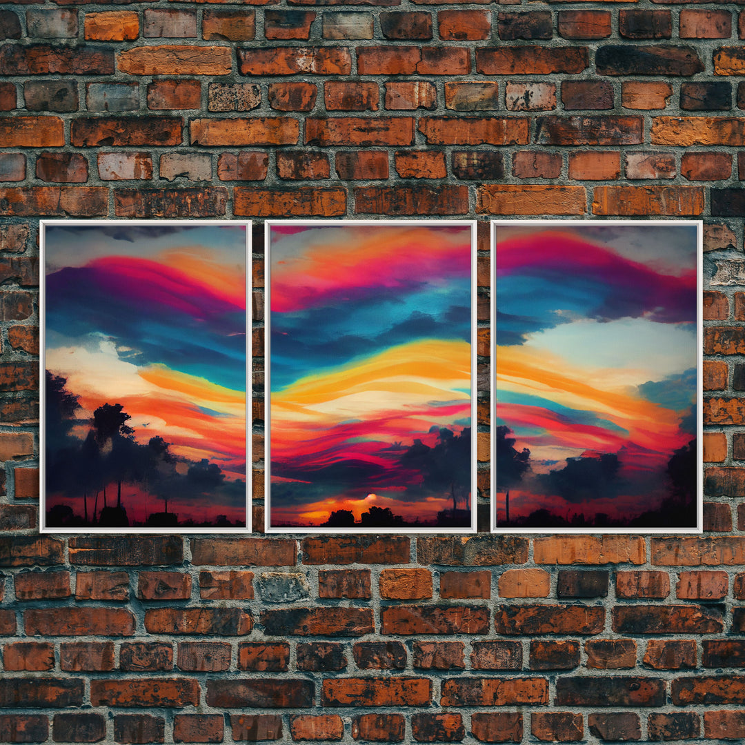 Psychedelic sunrise, beautiful colorful wall art, 3 piece canvas print, three piece wall art, living room above the couch art