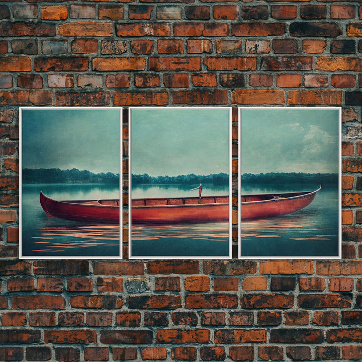 Skiff on the lake, Abandoned canoe, lake house art, 3 piece canvas, 3 piece wall art, cool unique living room art