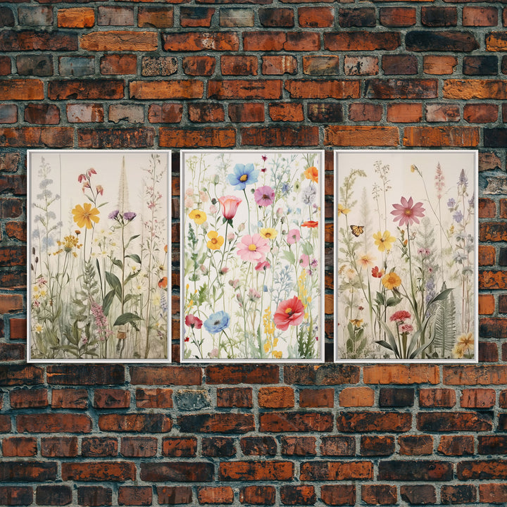 Minimalist Boho Farmhouse 3 Piece Wildflower Canvas Print, Framed Wall Art, Modern Rustic Decor, Living Room Art, Home Decor Wall Hanging