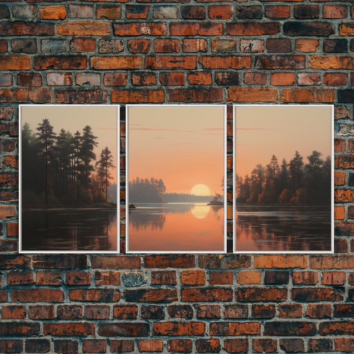 Sunset Over The Lake, Framed Canvas Print 3 Panel Set, Landscape Oil Painting, Original Art, Office Decor, Gift For Boss, Lake House Art