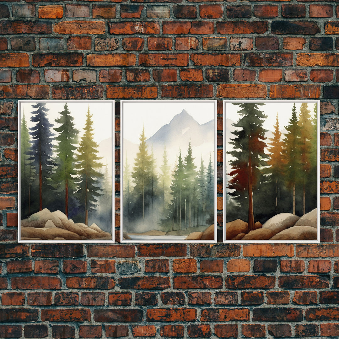 3 Panel Framed Canvas Print Wall Art Set of 3 Emerald Green Mountain Forest Lake Landscape Minimalist Modern Art Nature Wall Decor Pine Tree