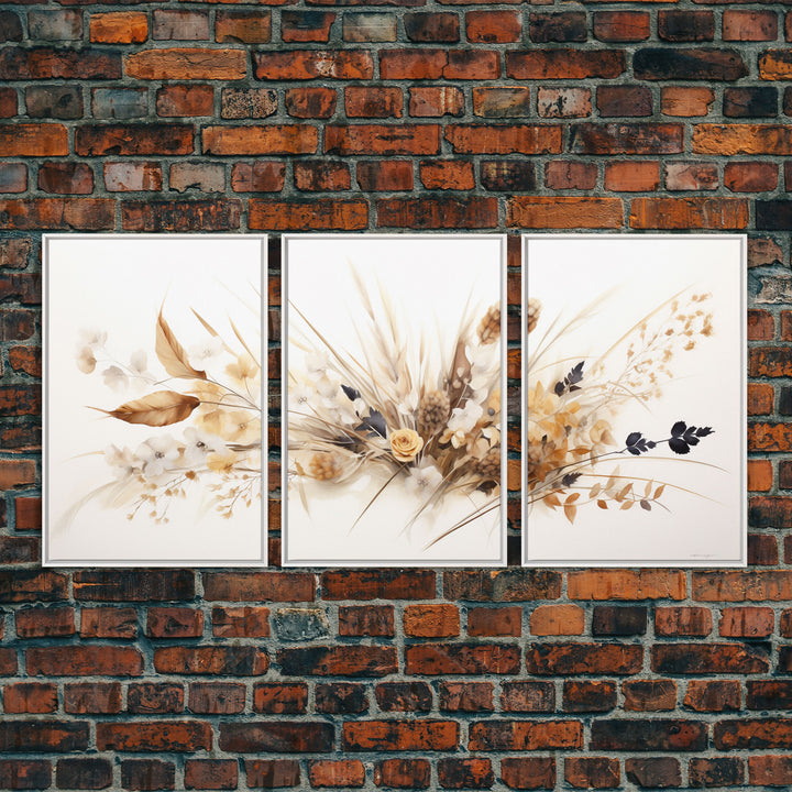 Boho Style Minimalist Farmhouse 3 Piece Wall Art, White Background Wildflowers, Botanical Floral Art, Rustic Chic Decor