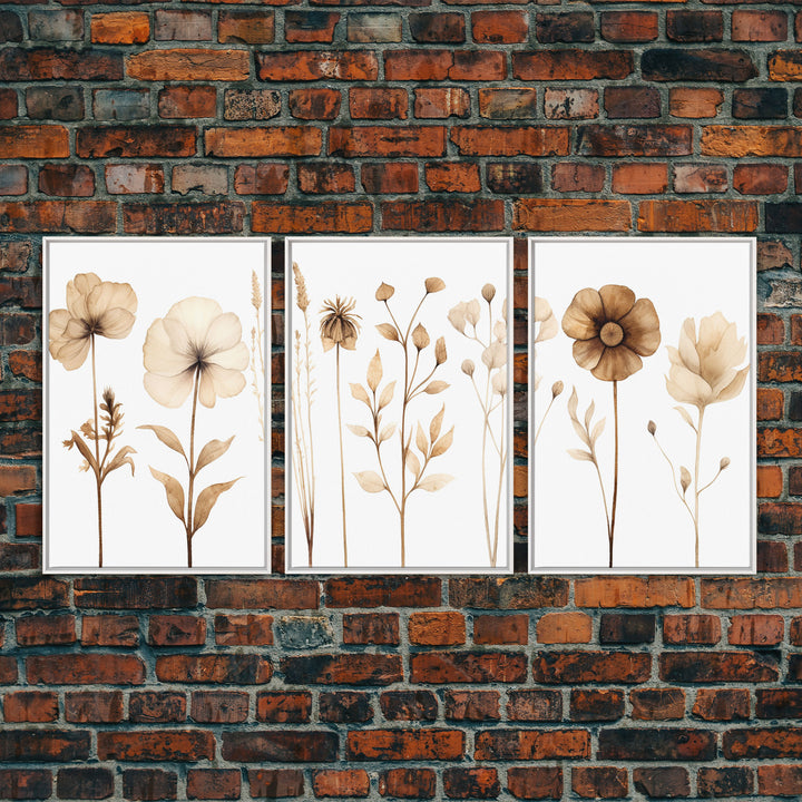 Boho Style Minimalist Farmhouse 3 Piece Wall Art, White Background Wildflowers, Botanical Floral Art, Rustic Chic Decor