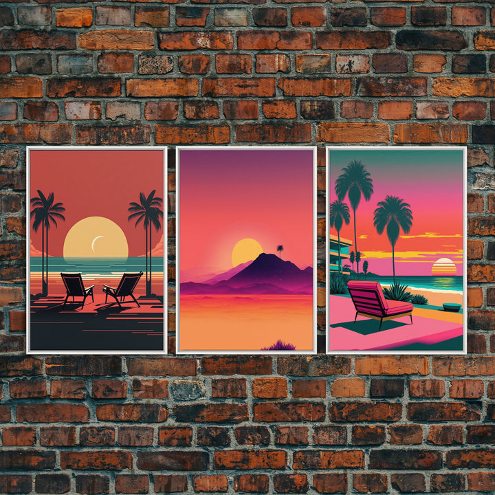 Outrun Style Midcentury Modern Wall Art, Framed Canvas Prints, Triptych Wall Art, 3 Panel Canvas Art, Retro Synthwave Beach Vibes Art