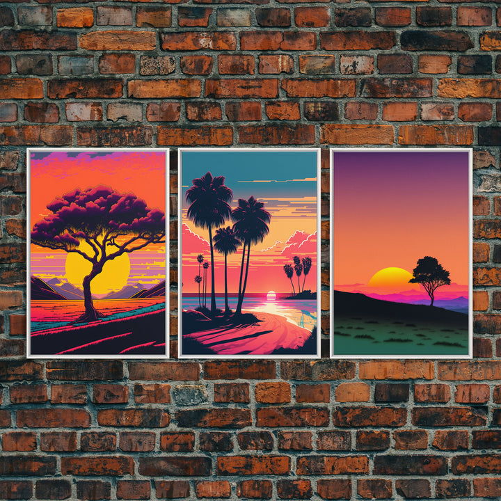 Triptych 3 panel Wall Art, Framed Canvas Prints, Synthwave Landscape Decor, MCM 80s Vibes Retro Style 3 Piece Art