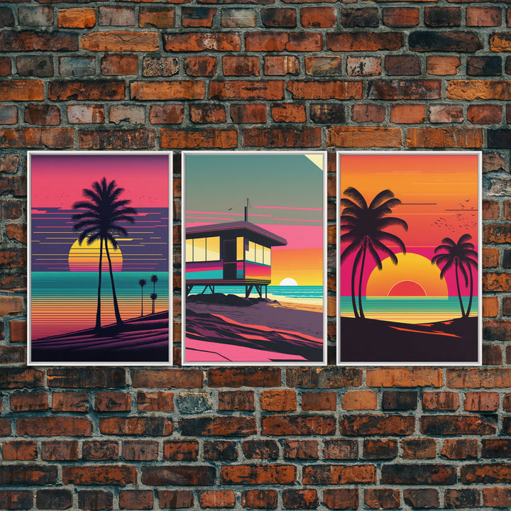 Beach Vibes, 3 Panel Wall Art, Framed Canvas Prints, Triptych Art, 3 Piece, 80s Vibes Vaporwave Wall Art, Life Guard Hut and Palm Trees