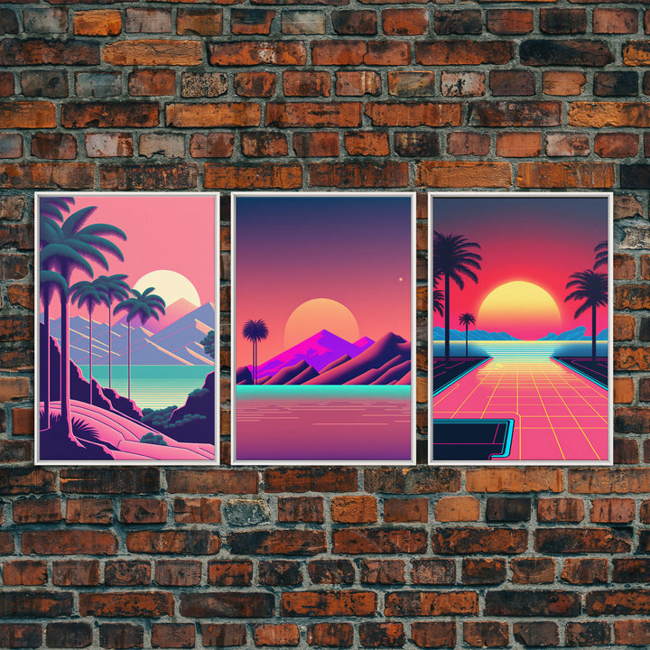 Retro 80s Style Art, 3 Panel Framed Canvas Prints, Canvas Wall Art, Synthwave / Vaporwave Aesthetic Retro Style Wall Art, Pink Wall Decor