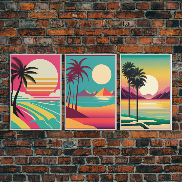 Beautiful Turquoise Retro Style Beach Art, Triptych 3 Panel Framed Canvas Prints, Palm Trees and Sunset, 80s Vibes Vaporwave Art Deco Mashup