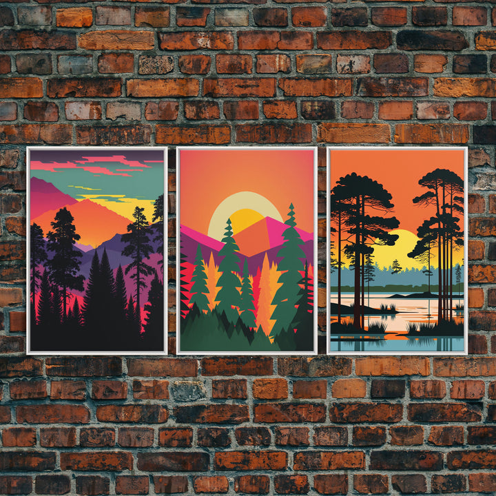 Pacific Northwest MCM Style Landscape Art, Framed Canvas Prints, 3 Piece Art Set, Triptych Art, Colorful Retro Style Pine Tree Forests