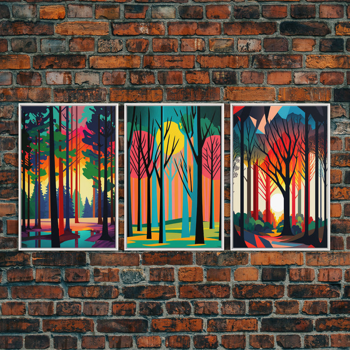 Retro Pine Tree Forest In The Fall, 3 Piece Canvas, 3 Panel Art, Framed Canvas Art, Colorful Abstract / Minimalism Landscape Art