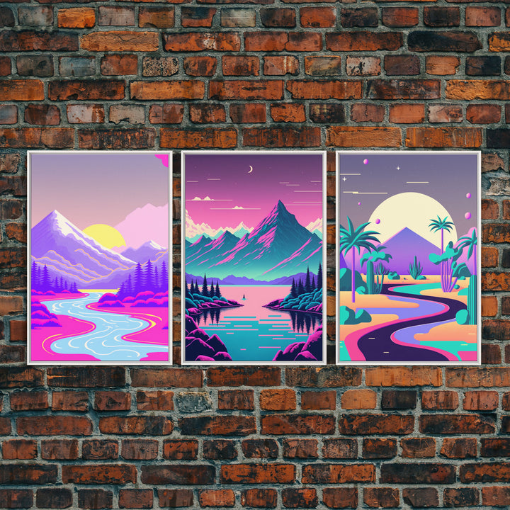 Vaporwave Aesthetic Mountain Landscape Prints, Framed Canvas Art, 3 Panel Art Set, 3 Piece Art, Retro Feel Minimalist Abstract Art