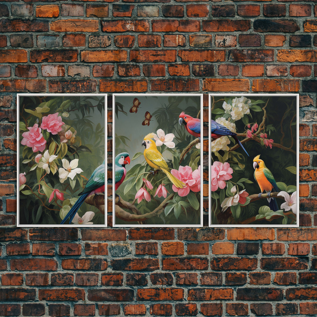 Flowers Wall Print, Tropical Wall Art, Macaw, Jungle Art Print, Canvas Print, Wall Art, 3 Piece Wall Art, Modern Office Art, Wedding Gift