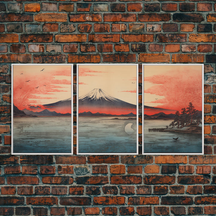 Japanese Ukiyo-e Mountains Sunset Set of 3 Prints, Japanese Ink Block, Ukiyo-e Wall Art, Living Room Art, Above Bed Decor, 3 Panel Print Set