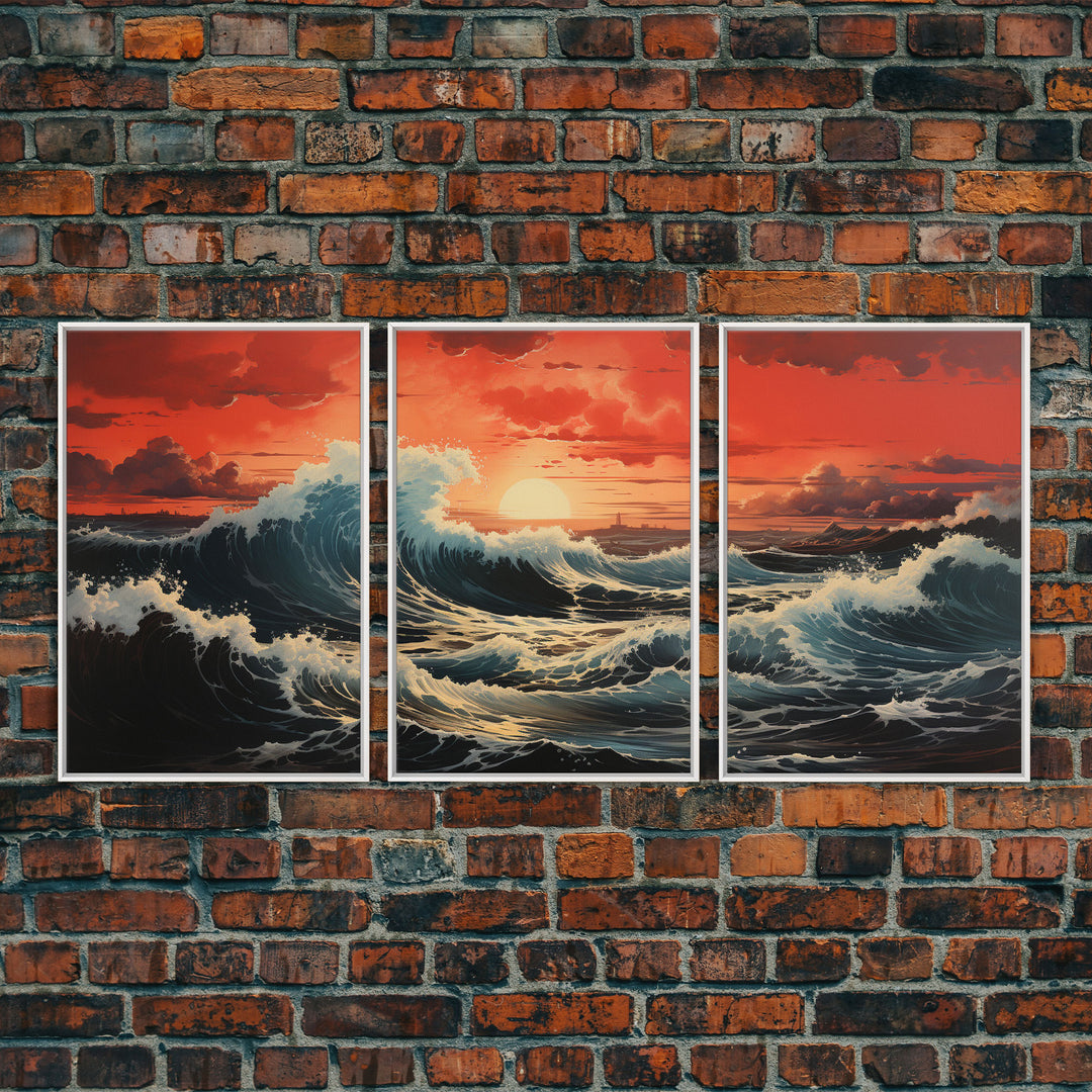 Asian Art, Japanese Wall Art, Ocean Waves, Sunset Art, Canvas Print, Wall Art, 3 Piece Wall Art, Trendy Wall Art, Modern Art Prints