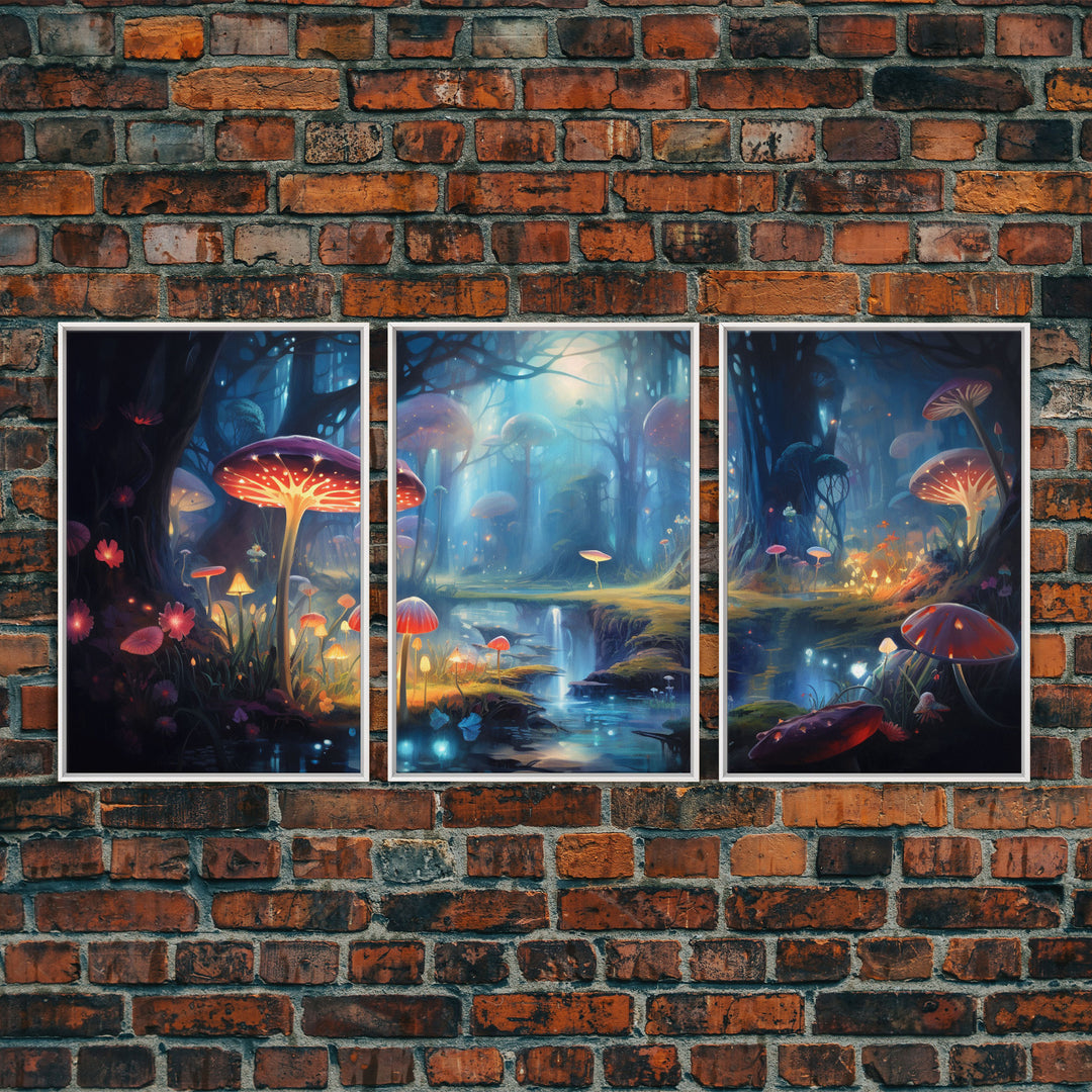 Magical dark forest art print on canvas, fantasy forest, oil style painting, large landscape wall art for home, ready to hang, 3 Piece Art