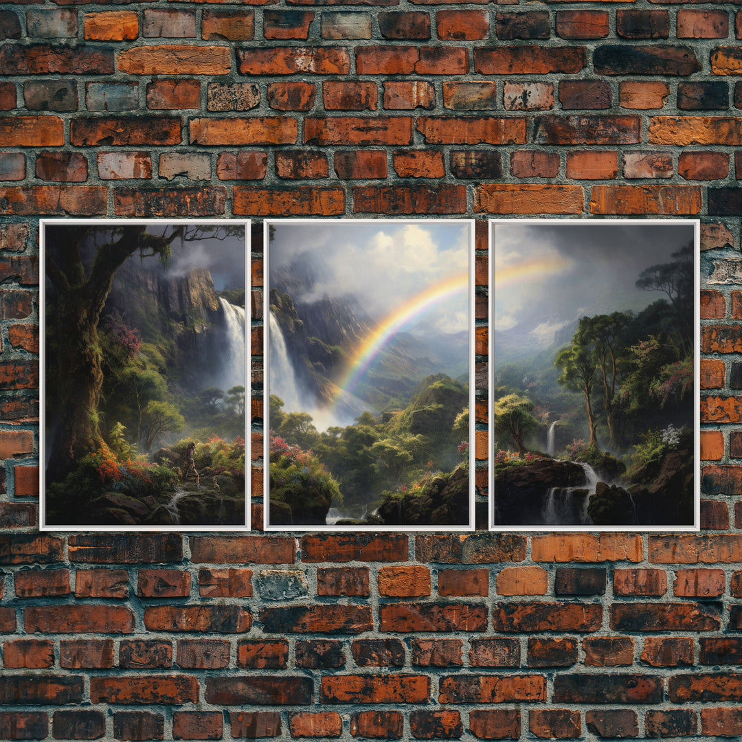 Tropical Rainbow Art, 3 Piece Framed Canvas Prints, Hawaii Art, Hawaiian Waterfall Painting, Original Landscape Painting, Maui Art