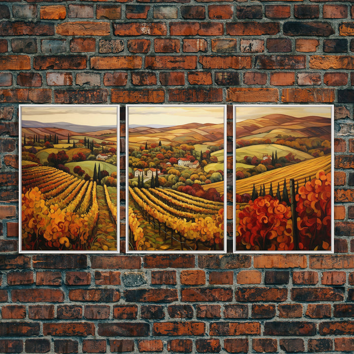 Italian Vineyard Framed Canvas Prints, Minimalist Fall Decor, Fall Centerpiece Art, Autumn Centerpiece, 3 Piece Art, Large Wall Art