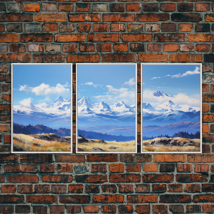 Framed Rocky Mountains 3 Piece Canvas Prints, Rockies Painting, Mountain Landscape Oil Painting, Large Wall Art, Centerpiece Art