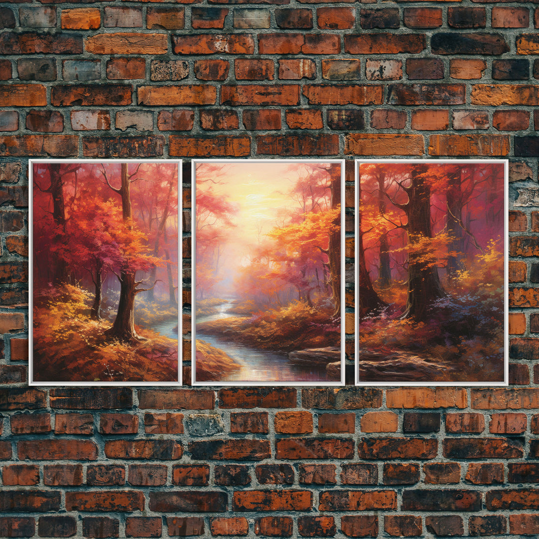 Beautiful Fall Centerpiece Art, Framed Canvas Print, 3 Piece Art, Thanksgiving Centerpiece, Above Sofa Art, Fall Finds, Landscape Painting