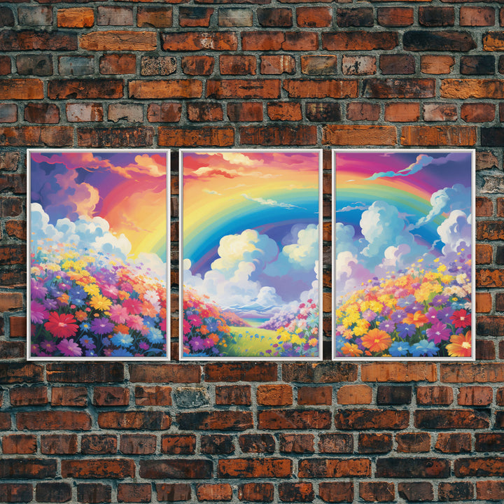 Rainbow Wall Art, Floral Print, Meadow Art , Canvas Print, Set Of 3 Prints, Wall Art, 3 Piece Wall Art, Nursery Print, Kids Wall Art