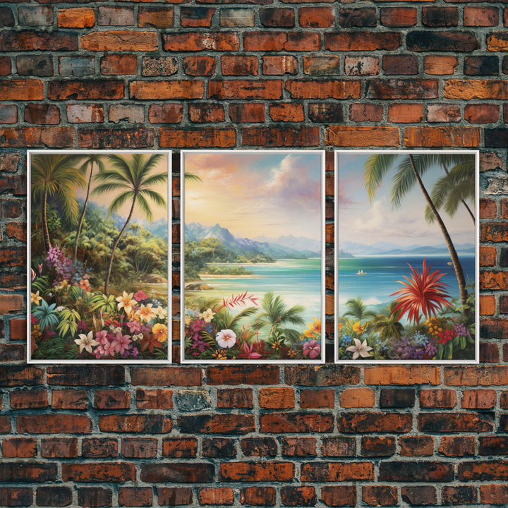 Tropical Wall Art, Beach Print, Palm Tree Wall Art, Canvas Print, Set Of 3 Prints, Wall Art, 3 Piece Wall Art, Seascape, Hawaii Wall Art