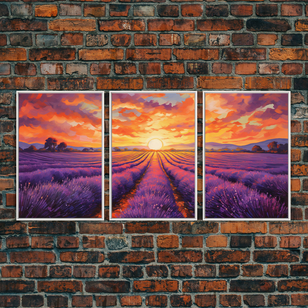 Purple Lavender Fields, 3 Piece Wall Art, Framed Canvas Print, Beautiful Original Landscape Painting, Sunset Painting, Farmhouse Decor