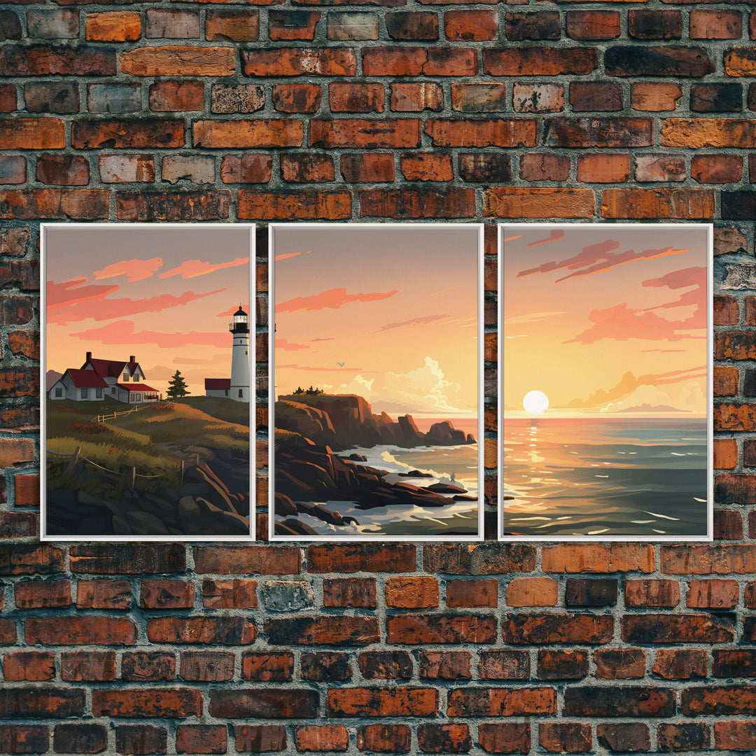 Light House Decor, Sunset Wall Art, Nautical Print, Ocean Art Print, Canvas Print, Wall Art, 3 Piece Wall Art, Seascape Art Print, RV Decor