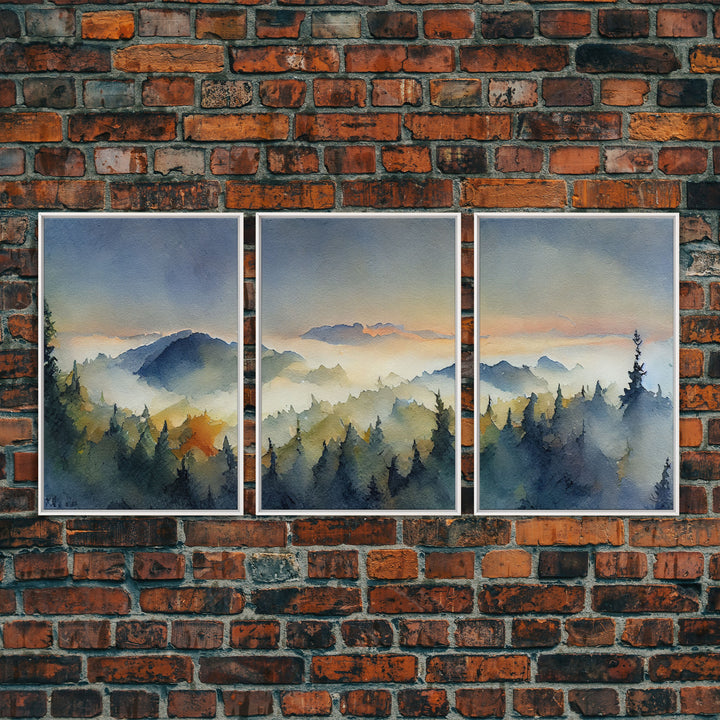 Three Piece Framed Canvas Wall Art Green Mountain Oil Landscape Prints Nature Rustic Home Artwork Decor for Living Room Bedroom, 3 Piece