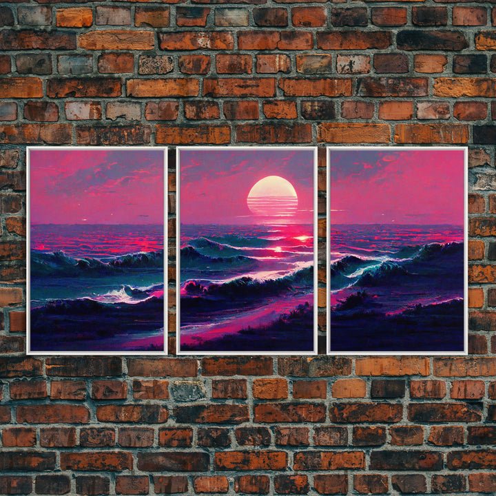 Outrun Style Synthwave Sunset Ocean Waves, 3 Piece Wall Art, Ready To Hang Canvas Print, Cool Unique Lakehouse Wall Art Decor