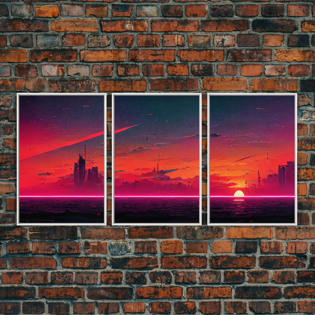 Cyber punk City At Sunset, Outrun, 3 Piece Wall Art, Ready To Hang Canvas Print, Cool Unique Mancave wall Art Decor