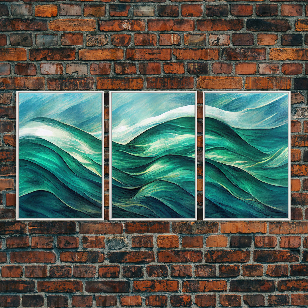 Emerald Green Wall Decor, Sea Green Ocean Waves Abstract, 3 Piece Canvas Decor, 3 Piece Wall Art, Ready To Hang Canvas Prints