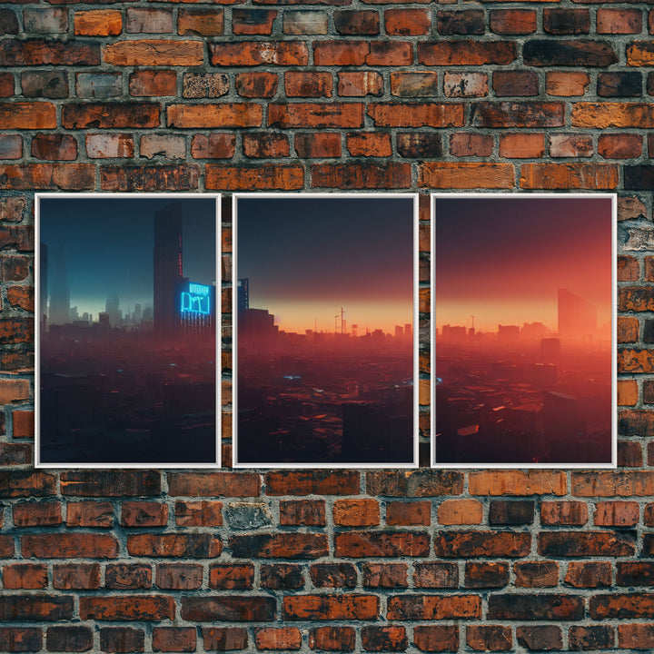 Cyberpunk Cityscape, Cyberpunk Concept Art at Sunset, Cool mancave art, 3 Piece Canvas Decor, 3 Piece Wall Art, Ready To Hang Canvas Prints