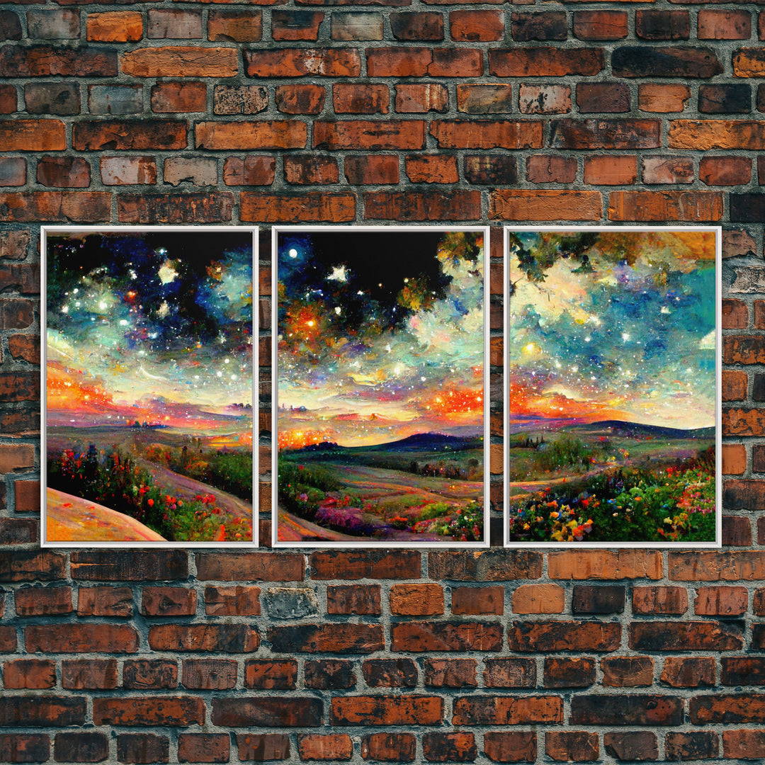 Night Starry Sky Landscape Colorful Night Sky Nature Living Room Wall Art Spiritual Starry, 3 Piece Wall Art, Ready To Hang Canvas Print